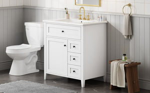 English Elm 30-Inch Freestanding Bathroom Vanity with Ceramic Sink MDF Cabinet and 3 Drawers White N725P464938K