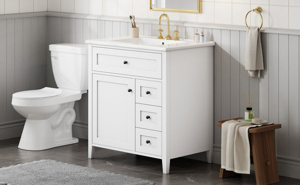 English Elm 30-Inch Freestanding Bathroom Vanity with Ceramic Sink MDF Cabinet and 3 Drawers White N725P464938K