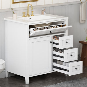 English Elm 30-Inch Freestanding Bathroom Vanity with Ceramic Sink MDF Cabinet and 3 Drawers White N725P464938K