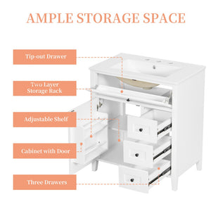 English Elm 30-Inch Freestanding Bathroom Vanity with Ceramic Sink MDF Cabinet and 3 Drawers White N725P464938K