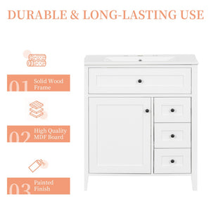 English Elm 30-Inch Freestanding Bathroom Vanity with Ceramic Sink MDF Cabinet and 3 Drawers White N725P464938K