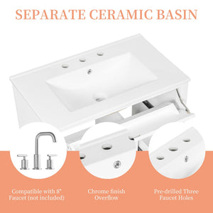 English Elm 30-Inch Freestanding Bathroom Vanity with Ceramic Sink MDF Cabinet and 3 Drawers White N725P464938K