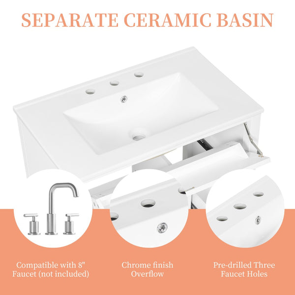 English Elm 30-Inch Freestanding Bathroom Vanity with Ceramic Sink MDF Cabinet and 3 Drawers White N725P464938K