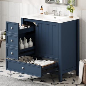 English Elm 30 Inch Freestanding Bathroom Vanity Solid Wood Ceramic Sink Three Drawers Storage Blue N725P467395C