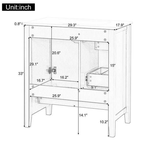 English Elm 30 Inch Freestanding Bathroom Vanity Solid Wood Ceramic Sink Three Drawers Storage Blue N725P467395C