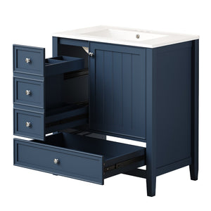 English Elm 30 Inch Freestanding Bathroom Vanity Solid Wood Ceramic Sink Three Drawers Storage Blue N725P467395C