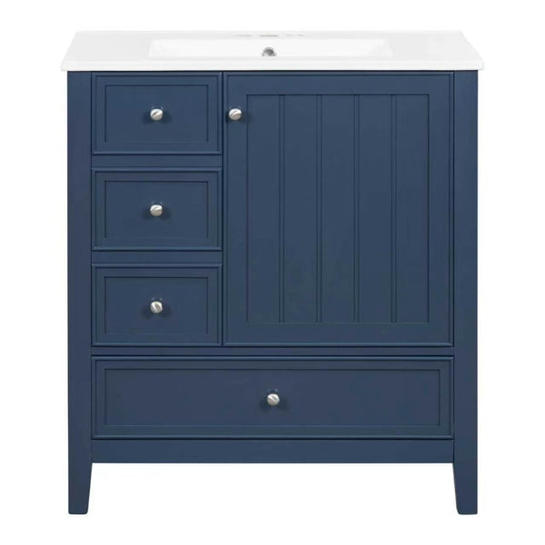 English Elm 30 Inch Freestanding Bathroom Vanity Solid Wood Ceramic Sink Three Drawers Storage Blue N725P467395C