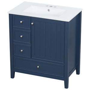 English Elm 30 Inch Freestanding Bathroom Vanity Solid Wood Ceramic Sink Three Drawers Storage Blue N725P467395C
