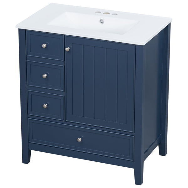 English Elm 30 Inch Freestanding Bathroom Vanity Solid Wood Ceramic Sink Three Drawers Storage Blue N725P467395C