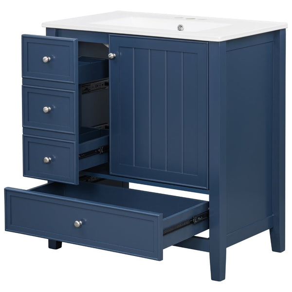English Elm 30 Inch Freestanding Bathroom Vanity Solid Wood Ceramic Sink Three Drawers Storage Blue N725P467395C