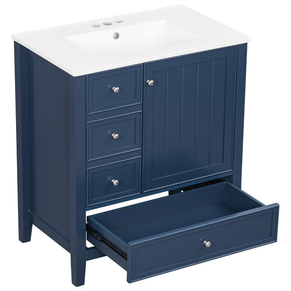 English Elm 30 Inch Freestanding Bathroom Vanity Solid Wood Ceramic Sink Three Drawers Storage Blue N725P467395C