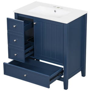 English Elm 30 Inch Freestanding Bathroom Vanity Solid Wood Ceramic Sink Three Drawers Storage Blue N725P467395C