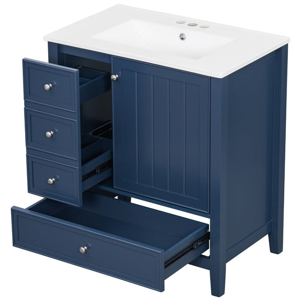 English Elm 30 Inch Freestanding Bathroom Vanity Solid Wood Ceramic Sink Three Drawers Storage Blue N725P467395C