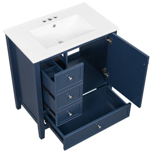 English Elm 30 Inch Freestanding Bathroom Vanity Solid Wood Ceramic Sink Three Drawers Storage Blue N725P467395C