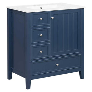 English Elm 30 Inch Freestanding Bathroom Vanity Solid Wood Ceramic Sink Three Drawers Storage Blue N725P467395C