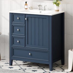English Elm 30 Inch Freestanding Bathroom Vanity Solid Wood Ceramic Sink Three Drawers Storage Blue N725P467395C