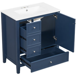 English Elm 30 Inch Freestanding Bathroom Vanity Solid Wood Ceramic Sink Three Drawers Storage Blue N725P467395C
