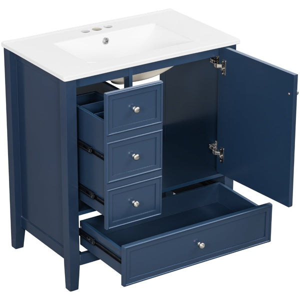 English Elm 30 Inch Freestanding Bathroom Vanity Solid Wood Ceramic Sink Three Drawers Storage Blue N725P467395C