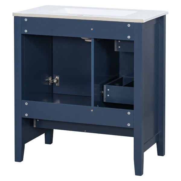 English Elm 30 Inch Freestanding Bathroom Vanity Solid Wood Ceramic Sink Three Drawers Storage Blue N725P467395C