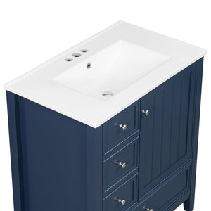 English Elm 30 Inch Freestanding Bathroom Vanity Solid Wood Ceramic Sink Three Drawers Storage Blue N725P467395C