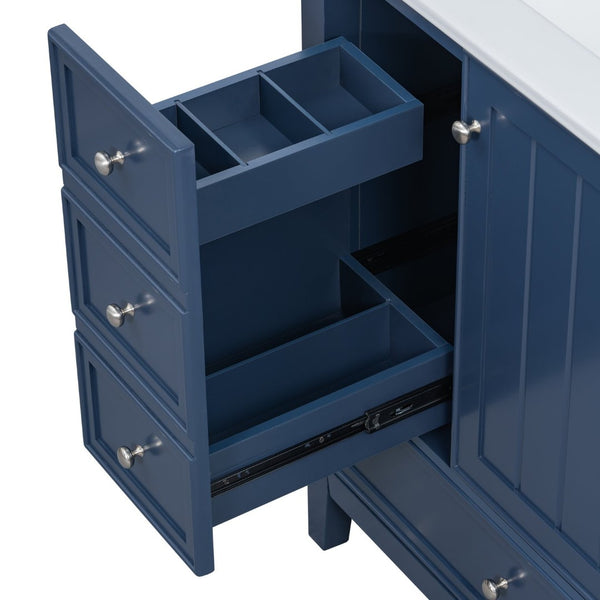 English Elm 30 Inch Freestanding Bathroom Vanity Solid Wood Ceramic Sink Three Drawers Storage Blue N725P467395C