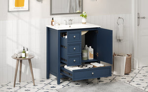 English Elm 30 Inch Freestanding Bathroom Vanity Solid Wood Ceramic Sink Three Drawers Storage Blue N725P467395C