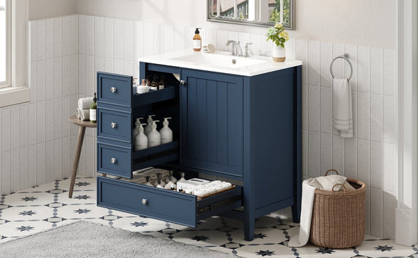 English Elm 30 Inch Freestanding Bathroom Vanity Solid Wood Ceramic Sink Three Drawers Storage Blue N725P467395C