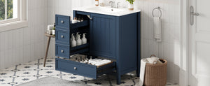 English Elm 30 Inch Freestanding Bathroom Vanity Solid Wood Ceramic Sink Three Drawers Storage Blue N725P467395C