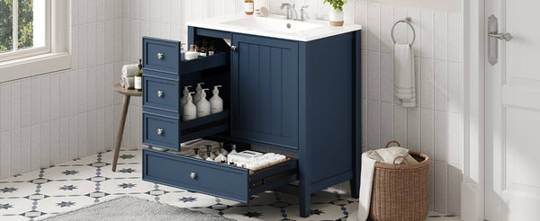 English Elm 30 Inch Freestanding Bathroom Vanity Solid Wood Ceramic Sink Three Drawers Storage Blue N725P467395C