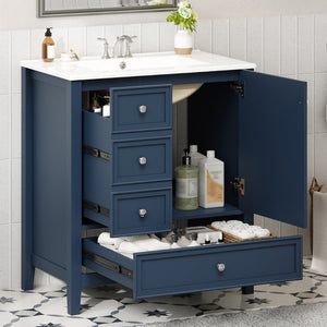 English Elm 30 Inch Freestanding Bathroom Vanity Solid Wood Ceramic Sink Three Drawers Storage Blue N725P467395C