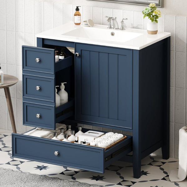 English Elm 30 Inch Freestanding Bathroom Vanity Solid Wood Ceramic Sink Three Drawers Storage Blue N725P467395C
