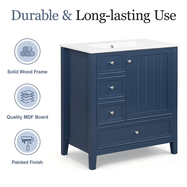 English Elm 30 Inch Freestanding Bathroom Vanity Solid Wood Ceramic Sink Three Drawers Storage Blue N725P467395C