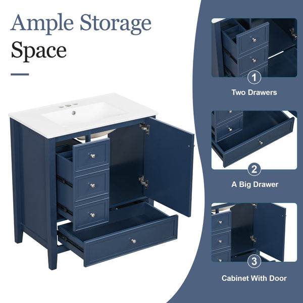English Elm 30 Inch Freestanding Bathroom Vanity Solid Wood Ceramic Sink Three Drawers Storage Blue N725P467395C