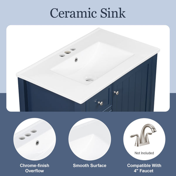 English Elm 30 Inch Freestanding Bathroom Vanity Solid Wood Ceramic Sink Three Drawers Storage Blue N725P467395C