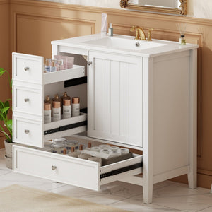 English Elm 30 Inch Freestanding Bathroom Vanity Solid Wood Ceramic Sink Three Drawers Storage White N725P467395K
