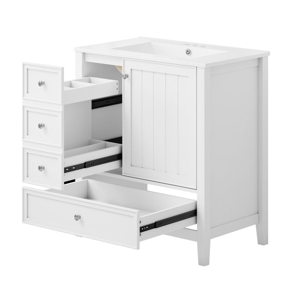 English Elm 30 Inch Freestanding Bathroom Vanity Solid Wood Ceramic Sink Three Drawers Storage White N725P467395K