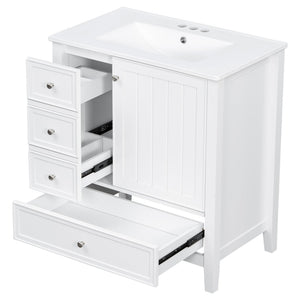 English Elm 30 Inch Freestanding Bathroom Vanity Solid Wood Ceramic Sink Three Drawers Storage White N725P467395K