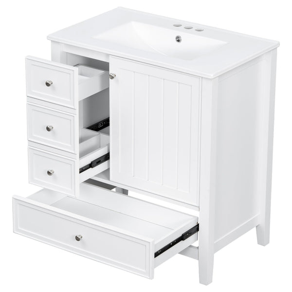 English Elm 30 Inch Freestanding Bathroom Vanity Solid Wood Ceramic Sink Three Drawers Storage White N725P467395K