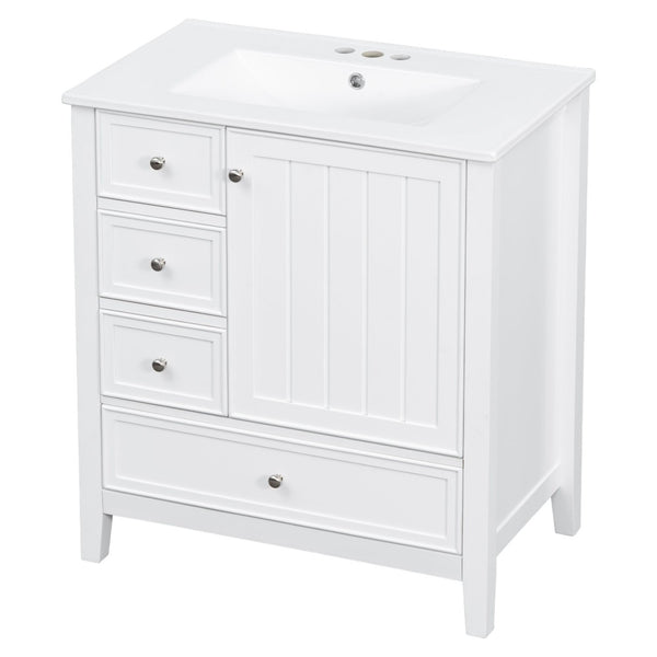 English Elm 30 Inch Freestanding Bathroom Vanity Solid Wood Ceramic Sink Three Drawers Storage White N725P467395K