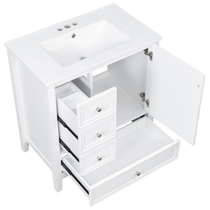 English Elm 30 Inch Freestanding Bathroom Vanity Solid Wood Ceramic Sink Three Drawers Storage White N725P467395K