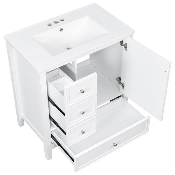English Elm 30 Inch Freestanding Bathroom Vanity Solid Wood Ceramic Sink Three Drawers Storage White N725P467395K