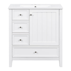 English Elm 30 Inch Freestanding Bathroom Vanity Solid Wood Ceramic Sink Three Drawers Storage White N725P467395K