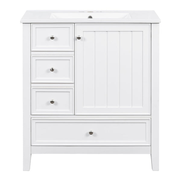 English Elm 30 Inch Freestanding Bathroom Vanity Solid Wood Ceramic Sink Three Drawers Storage White N725P467395K