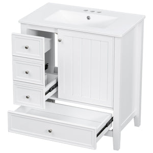 English Elm 30 Inch Freestanding Bathroom Vanity Solid Wood Ceramic Sink Three Drawers Storage White N725P467395K