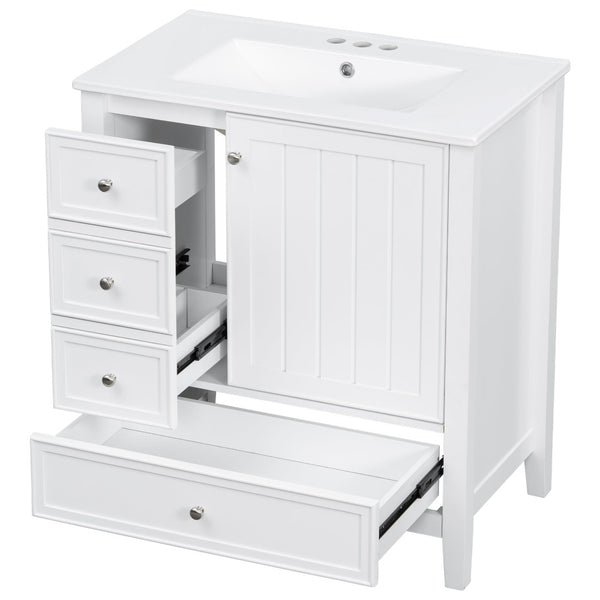 English Elm 30 Inch Freestanding Bathroom Vanity Solid Wood Ceramic Sink Three Drawers Storage White N725P467395K