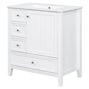English Elm 30 Inch Freestanding Bathroom Vanity Solid Wood Ceramic Sink Three Drawers Storage White N725P467395K