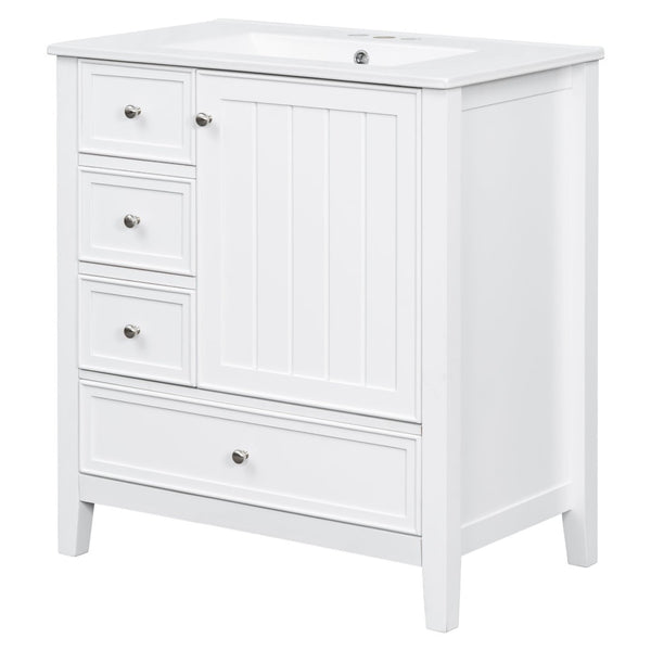 English Elm 30 Inch Freestanding Bathroom Vanity Solid Wood Ceramic Sink Three Drawers Storage White N725P467395K