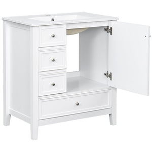 English Elm 30 Inch Freestanding Bathroom Vanity Solid Wood Ceramic Sink Three Drawers Storage White N725P467395K