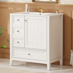 English Elm 30 Inch Freestanding Bathroom Vanity Solid Wood Ceramic Sink Three Drawers Storage White N725P467395K