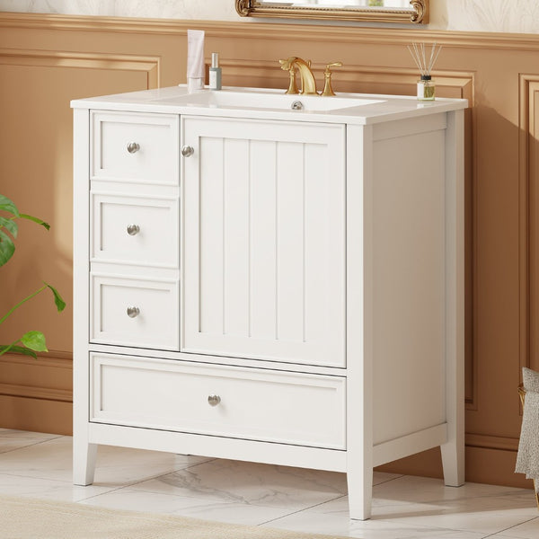 English Elm 30 Inch Freestanding Bathroom Vanity Solid Wood Ceramic Sink Three Drawers Storage White N725P467395K